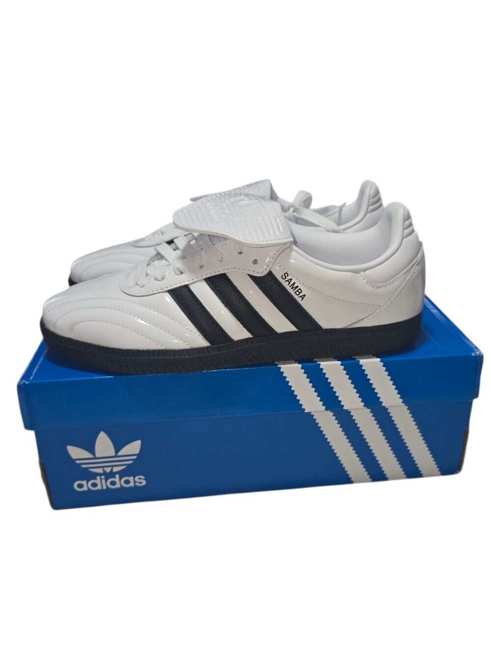 adidas Women's Samba LT Patent Leather Classic Shoes in White/Black Size 8.5